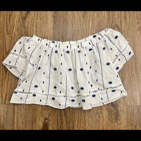 Rebellion White and Cobalt Blue embroidered, off the shoulder crop top - Picture 2 of 3